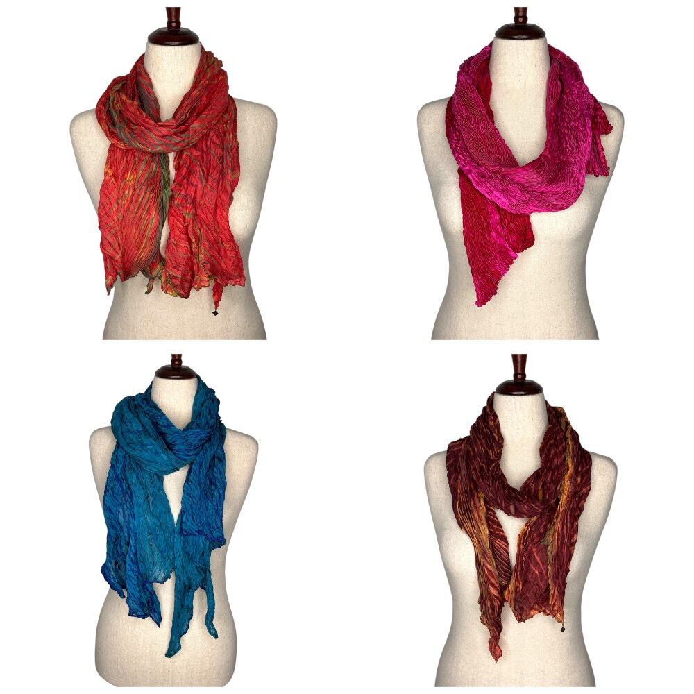 Women's Scarves Lot of 4 100% Silk Crinkle Tie Dye Orange Pink Blue
